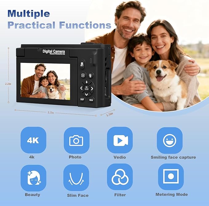 4K Vlogging Camera with 31 Filters & 64MP - 180° Flip Screen Digital Camera for YouTube with WiFi, 18X Zoom, Macro & Wide-Angle Lenses - Complete Travel Kit for Beginners, Teens