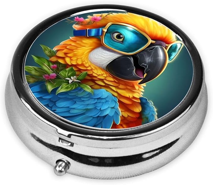 Watercolor PArrot Painting Pill Box 3 Compartment Pill Case, Portable Medicine Pill Organizer for Pocket Purse Pill Box Decorative Metal Medicine Vitamin Organizer