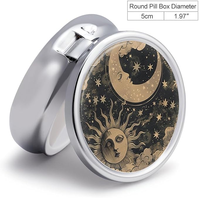 Pill Box-3 Compartment Small Pill Case, Portable Round Pill Box for Pocket or Purse, Decorative Metal Medicine Vitamin Organizer. (The Sun and The Moon)