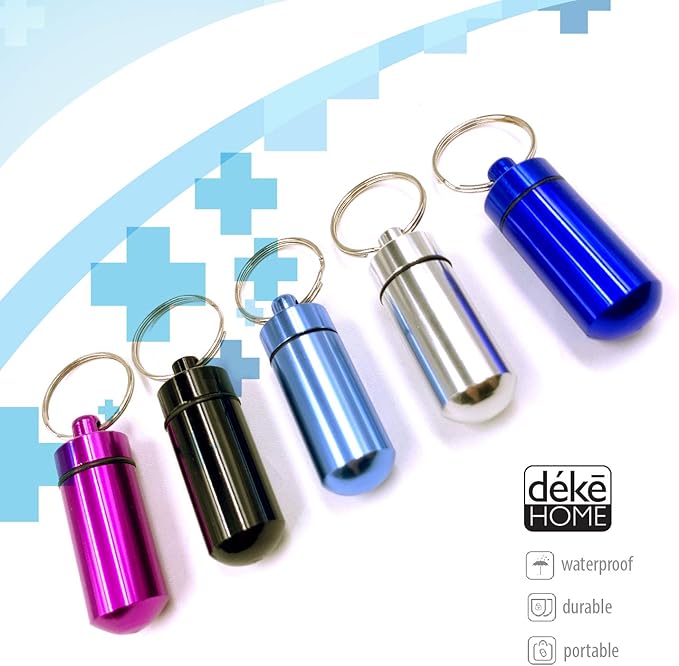 Deke Home - 5 Pack Keychain Pill Holder, Waterproof Mini Aluminum Pill Case, Portable Travel Medicine Container, Food-Grade & Pocket-Sized Pill Organizer for Emergency, Nitro Glycerin, Vitamins