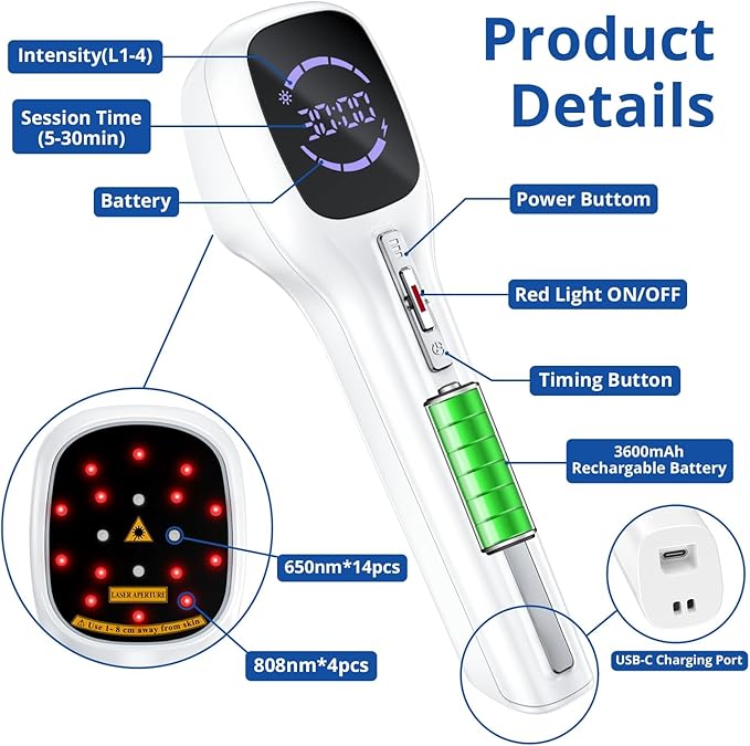 Cold Laser Therapy Device for Humans & Dogs, 4x808nm + 14x650nm Red Light Therapy for Body Pain Relief, Handheld lllt Near Infrared Light Wand with Stand for Joint, Back, Knee, Muscle Use