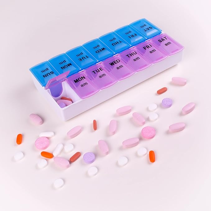 Apex Weekly AM/PM Medication Dispenser, 7-Day Twice-A-Day Pill Organizer with Easy-Open Lids (Color May Vary)