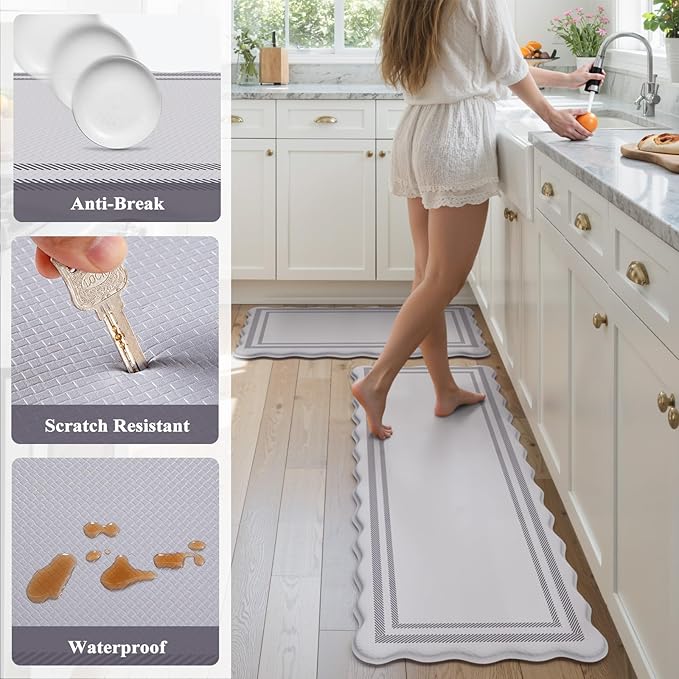 KIMODE Anti Fatigue Kitchen Mats, Light Grey Kitchen Rugs, Padded Kitchen Mat for Floor, Comfort Standing Desk Mat, Cushioned Kitchen Mats for Floor 2 Piece for Laundry Office Sink 17"x47"+17"x29"