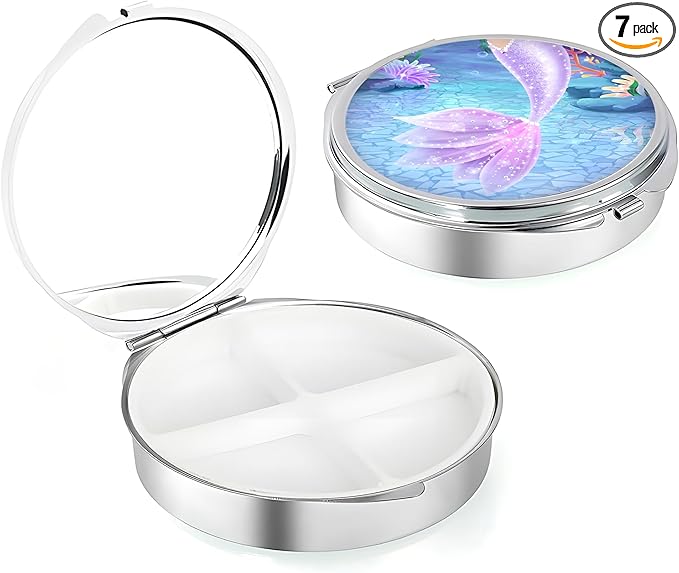 Weekly Pill Case, Medicine Planner, Vitamin Organizer Box, Portable Daily Pill Box with Compartments,Pocket Purse Metal Medicine Organizer Unique Gifts,Mermaid