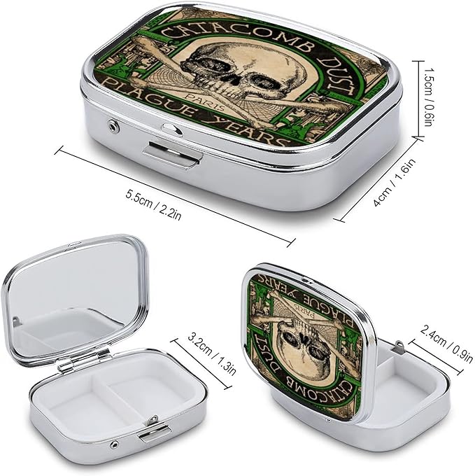 Metal 2 Compartment Pill Organizer Travel Friendly Portable Compact Box Cute Case to Hold Vitamins/Tylenol/Fish Oil/Supplements/Meds/Tablet for Purse/Pocket (Skull), 1.97 x 0.79 0.39 Inch