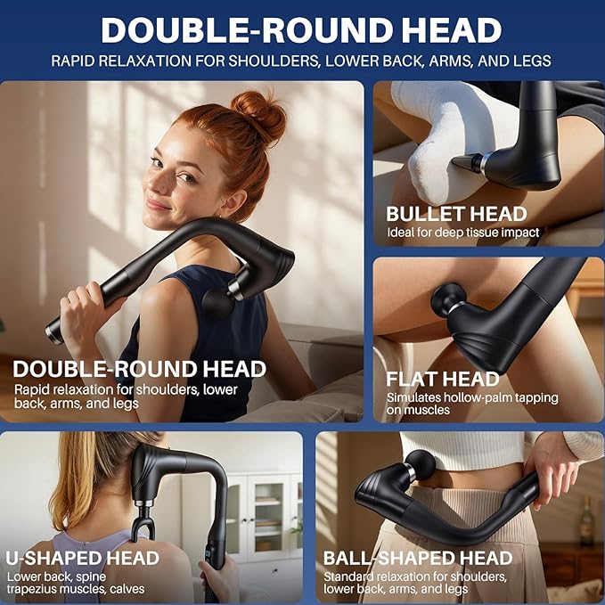 Dual-Head Massage Gun Deep Tissue with Extension Handle, Percussion Muscle Massager for Back, Neck, Shoulders, Waist & Legs, 12 Speed Levels, 5 Replaceable Heads, Pain Relief (Black)