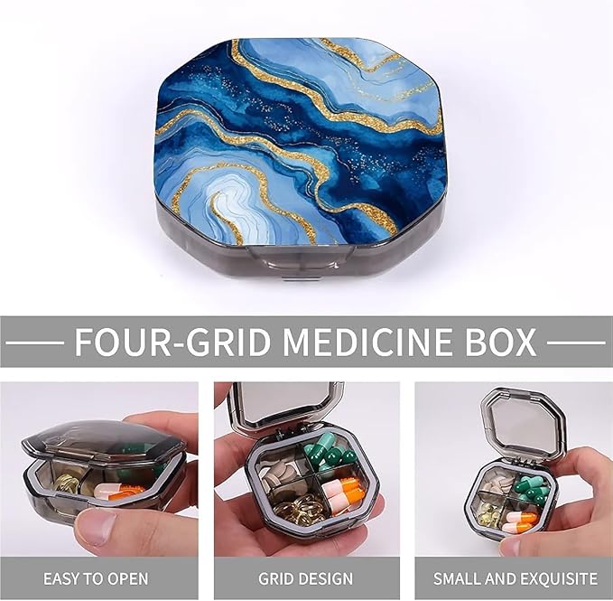 This Portable Watercolor Gold and Blue Marble Pattern 4-Compartment Pillbox Can Be Placed in A Pocket Or Wallet to Store Vitamins, Medicines Fish Oil Health Supplements Other Medications.