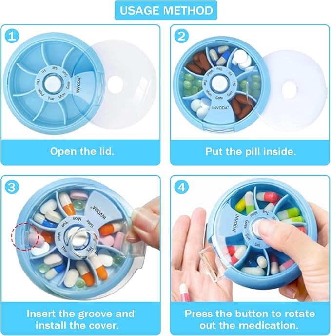INVODA Weekly Pill Organizer with 77 Pre-Cut Medication Labels – 7 Compartment Rotating Medicine Box Daily Pill Case for Vitamins, Fish Oil & Prescriptions – BPA-Free Plastic – Compact Travel Size