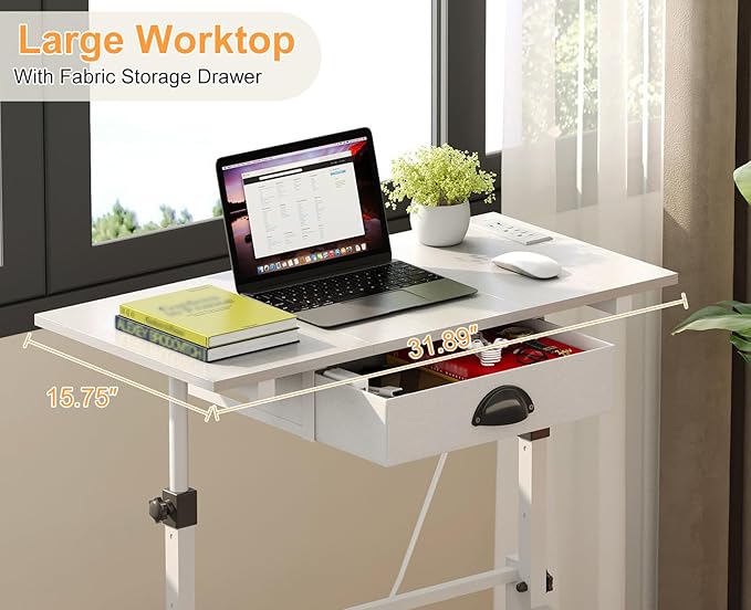 Small Adjustable Height Standing Desk with Storage Drawers, Rolling Sit Stand Up Desk with Wheels Charging Station, Adjustable Mobile Portable Table for Walking Pad Laptop Treadmill Computer