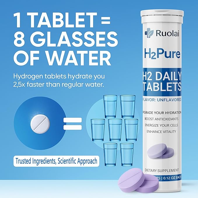 Ruolai H2pure Hydrogen Tablets – H2 Tabs – Fast-Dissolving Hydrogen Supplement for Cellular Hydration, Detox, Liver & Mental Clarity – Caffeine-Free, Vegan (Unflavored)