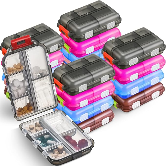 Sabary 16 Pcs Travel Pill Organizers with 10 Compartments Portable Weekly Small Pill Cases Daily Fish Oil Vitamins Medicine Box Dispensers for Pocket Purse Medicine Organizer Essentials(Stylish Color)