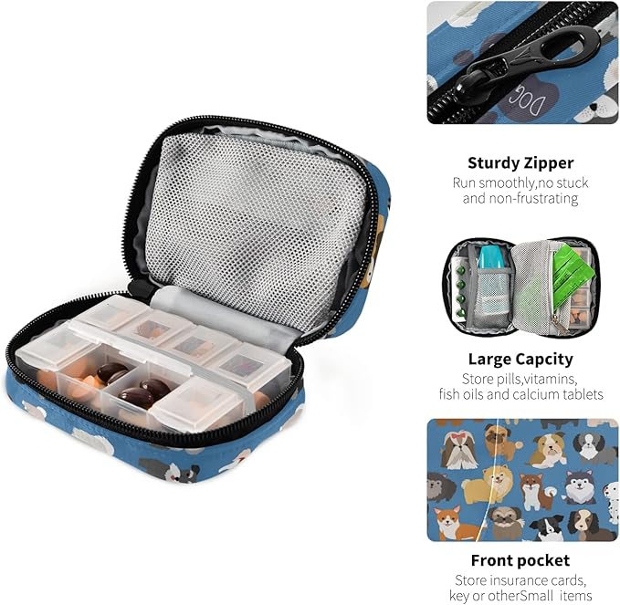 Naanle Cute Puppy Dog 7 Day Pill Case - Travel Organizer Bag With Zipper, Portable Weekly Compact Size for Vitamin Supplement Holder