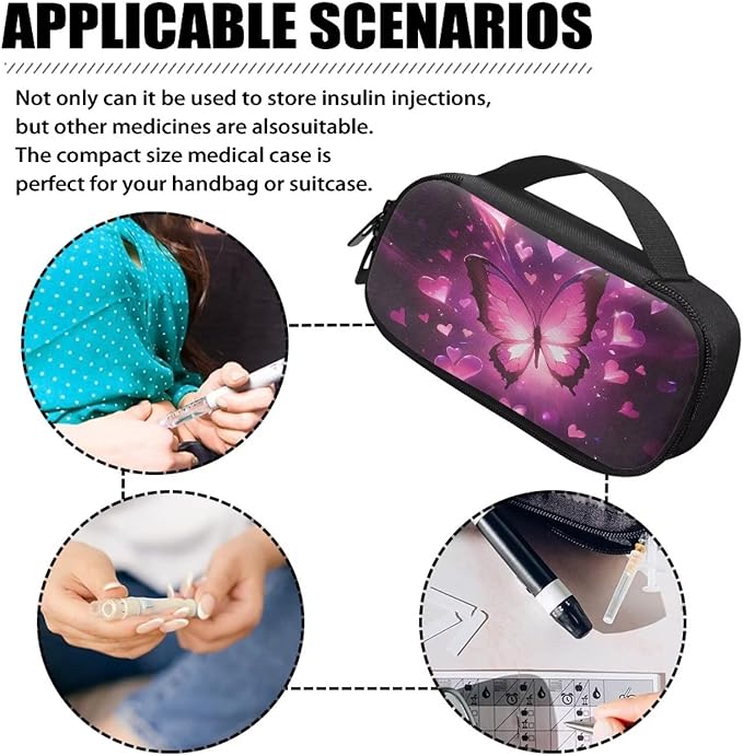 Pink Butterfly Hearts Insulated Diabetic Carrying Cooling Bag with Zipper Portable Medicine Cooling Bag for Insulin Pen and Medical Diabetic Supplies, Cute Valentine Decor