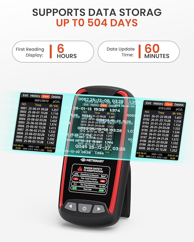 Radon Detector for Home, Portable Radon Monitor with TFT Color Display, Rechargeable Radon Tester Quick Result 6 Hour, 504 Days Data Storage with Audible & Visual Alarm (pCi/L or Bq/m³)