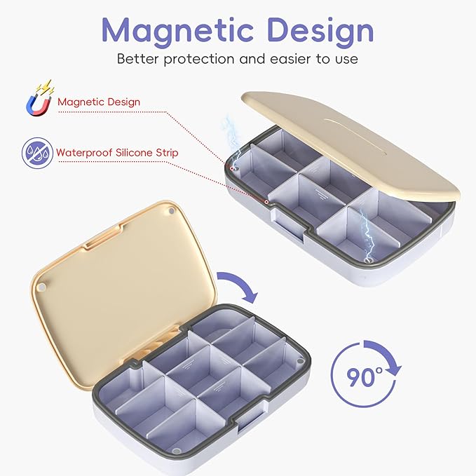 9-Compartment Magnetic Pill Organizer - Daily Pill Case with Adjustable Compartments, Waterproof Silicone Seal for Travel, Home & Office Use (Blue)