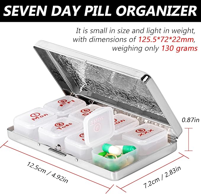 Portable 7-Day Metal Pill Case, Featuring 8 Compartments—Perfect for Travel. BPA-Free. (L-Silver, Large)