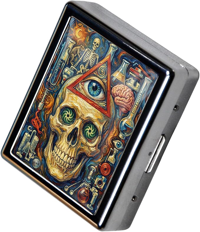 Metal 7 Day Pill Organizer, Weekly Pill Case 8 Compartments, Travel Pill Box for Purse & Pocket, Small Medicine & Vitamin Organizer, PP Dividers, Secure Clasp (Skull)