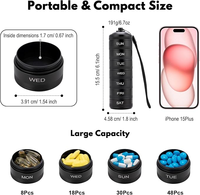 Metal Travel Pill Organizer Weekly – Waterproof Aluminum Alloy 7 Day Pill Box, Large Compartments for Vitamins, Medicine, Supplements & Fish Oil, Portable Daily Pill Case Medication Container