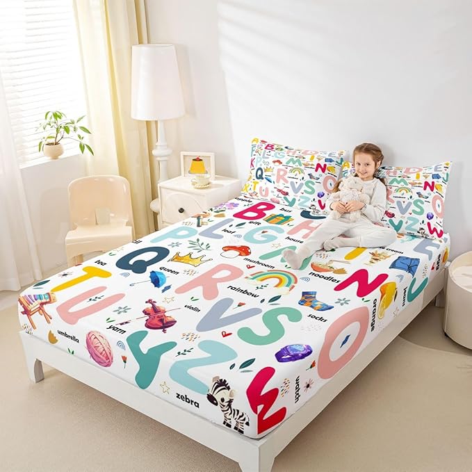 Cartoon ABC Alphabet Bed Sheet Set - Full, Fitted Sheet for Kids, Cute Educational Bedding Set with 2 Pillow Cases