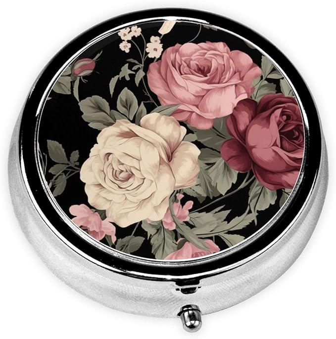 Vintage Pink and Cream Dark Floral Print Round Metal Pill Box with 3 Compartment for Pocket or Purse Travel Bag Mini Small Size 2 inche