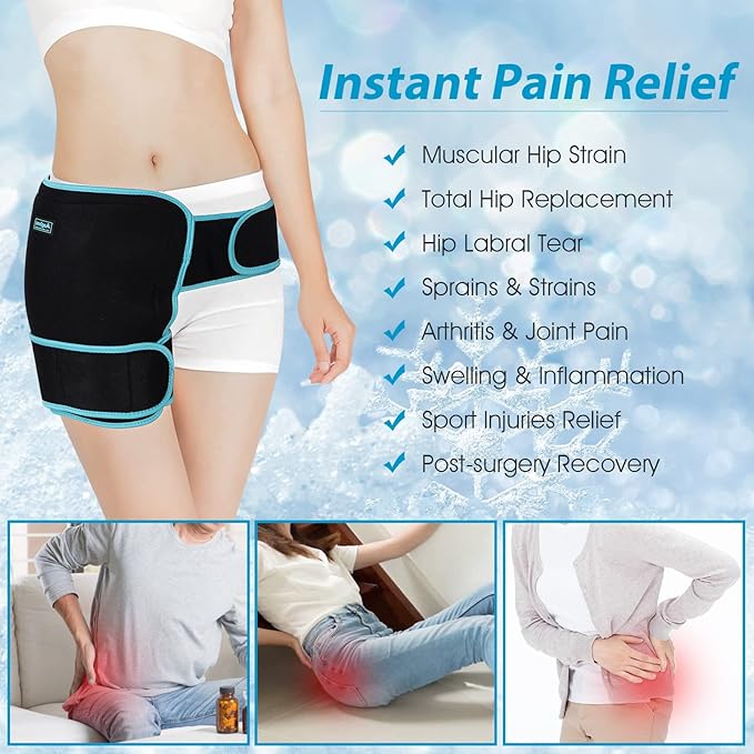 Hip Ice Pack Wrap for Injuries Reusable, Hip Brace with Hot Cold Pack for Women Men, Hip Gel Kit for Pain Relief Sciatica Nerve,Piriformis Stretcher, Hip Flexor Strain, Groin Pull, SI Joint, Hamstring