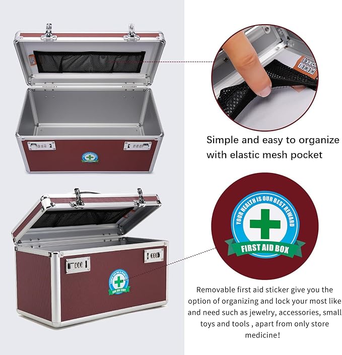 Locking Box with Portable Storage Case, 14.2''x 7.2''x 8.2''，Childproof Medication Lock Organizer, Lockbox for Documents, Medicine & Valuables (Brown/Large