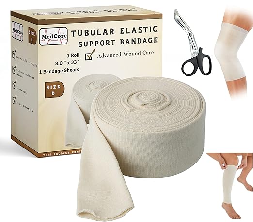 Tubular Compression Bandage Size D (3” x 33 ft) – Elastic Stockinette Support Sleeve for Elbow, Leg, Calves, Bicep & Arm – Cut-to-Fit, Washable Reusable, No Pins/Tape – Plus Medical Scissors