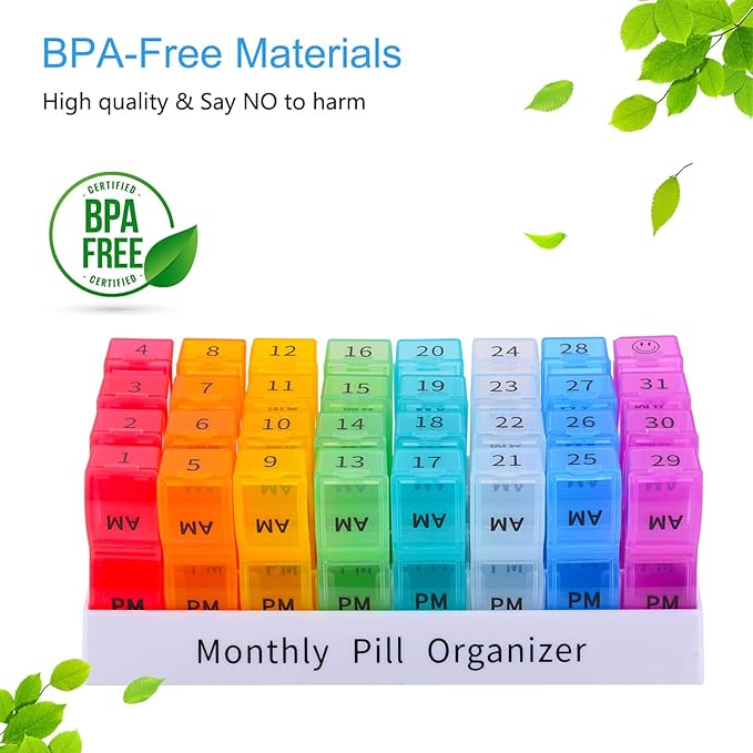 GREENCYCLE Monthly Pill Organizer 2 Times a Day, 30 Days Pill Box AM PM, 4 Week Pill Cases, One Month Pill Medicine Container Small Separate Compartments to Hold Vitamins, Fish Oil, Supplements