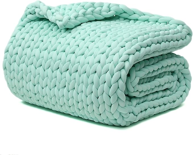 YnM Cooling Weighted Blanket, Handmade Chunky Yarn Knitted Design, Temperature Regulating and Breathable, Machine Washable Throw for Sleep or Home Decor (Menthe Green, 80x87 Inch, 25lbs)