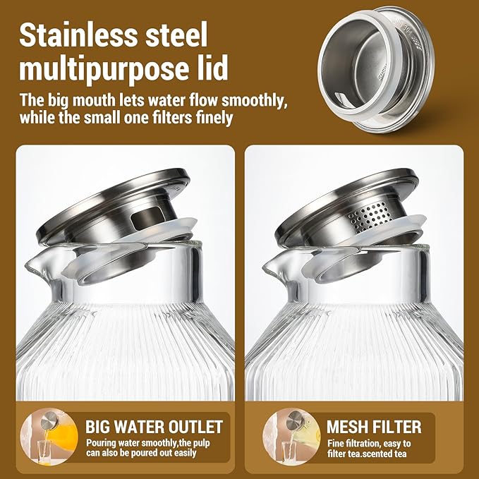 1 Gallon thickened Square Glass Pitcher with Lid, Classic Stripes Water Pitchers for Fridge, Borosilicate Glass Carafe for Hot/Cold Brew Drink, Extra Large Jug with Handle for Iced Tea, Coffee, Juice