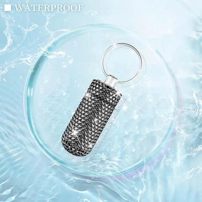 Yuchew Bling Pill Case Pill Container Rhinestone Pill Box Portable Waterproof Pocket Pill Holder Storage Bottle with Keychain for Travel, Outdoor, Camping (Gray)