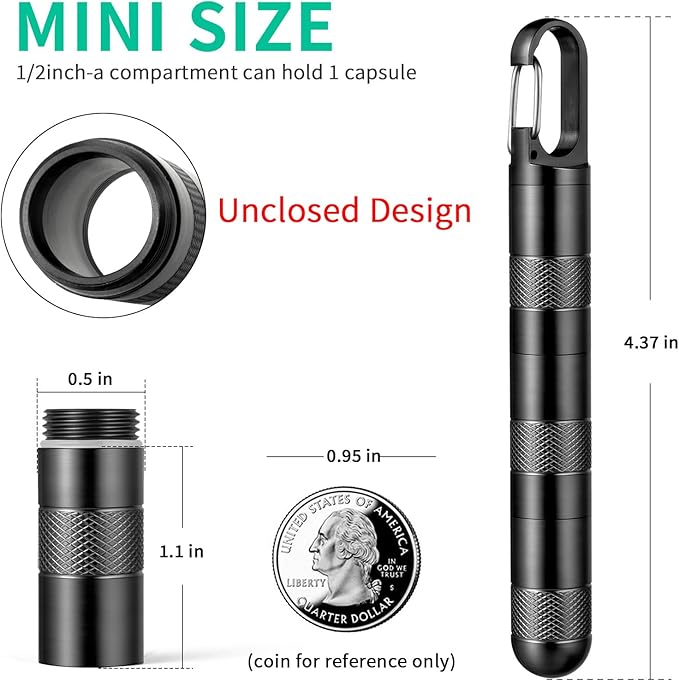 Micro Pill Holder Keychain Titanium Pill Case for Purse Small Pill Container Travel Black Pill Box Medicine Bottle Organizer for Vitamin Fish Oil Supplement (Black+2 Unclosed Extension Tube)
