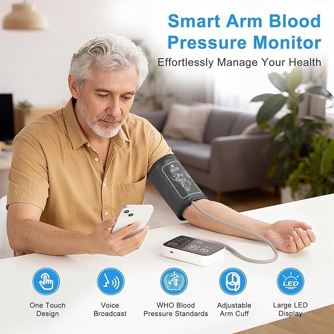 Blood Pressure Monitor Upper Arm - Bluetooth iOS & Android Compatible One-Button Operation Voice Broadcast Large LED Display Backlit 2x120 Memory Adjustable Cuff 8.7"-16.5" with Storage Bag Black