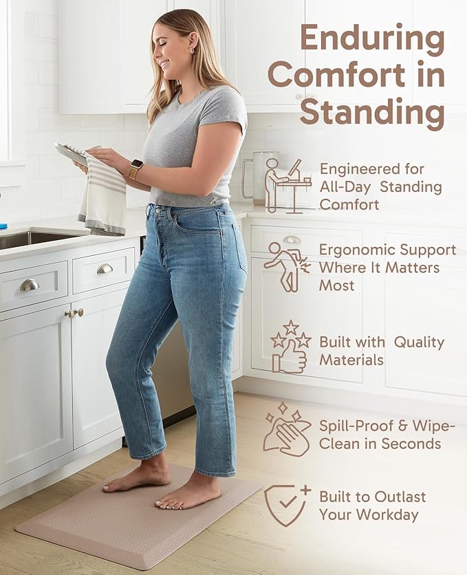 Ophanie Kitchen Mats for Floor, 3/4 Inch Thick Kitchen Rugs, 20'' x 48'' Anti Fatigue Standing Cushioned Mat, Waterproof,Comfort Ergonomic Mat for Office, Home, Sink, Beige Non-Slip Bottom