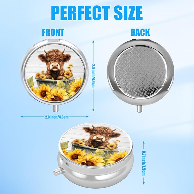 Sunflower Highland Cow Pill Case, Pill Box 3 Compartments Metal Small Pill Holder with Mirror Mini Travel Pill Container for Purse Pocket Women Men