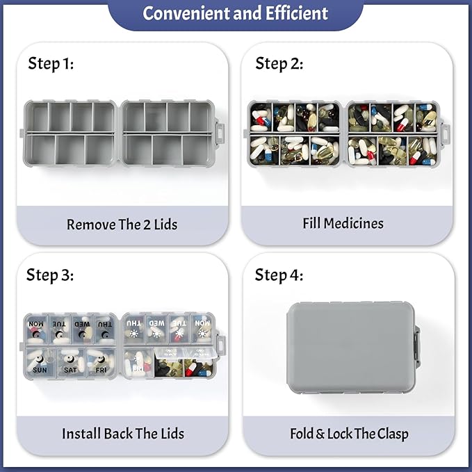 Foldable & Portable Weekly Pill Organizer 2 Times a Day with Clear Printed Labels - 7 Day AM PM Medicine Box, Week Daily Travel Pill Meds Case Holder for Medications, Vitamin, Supplement - Grey