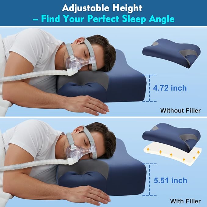 Adjustable CPAP Pillow for Side & Back Sleepers – Reduce Mask Air Leaks & Pressure, Cervical Memory Foam Neck Support with 2cm Removable Insert, Cooling Washable Cover – Fits Full Face & Nasal Masks