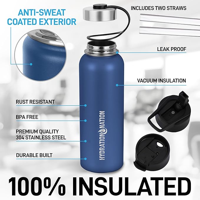 Hydration Nation 3 Lid Multi-Size Vacuum Insulated Water Bottles with Straw - Metal Water Bottle For Sports & Outdoor - Thermo Stainless Steel Water Bottle - Perfect for Hot & Cold Drinks (Blue)