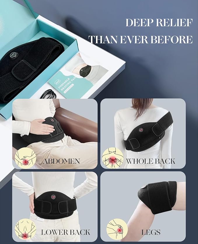 uncn Portable Heating Pad for Cramps, Back Pain Relief, 3000mAh Battery Cordless Period Menstrual Heating Pad Electric Waist Belt Wireless Rechargeable Belly Wrap Wearable Washable