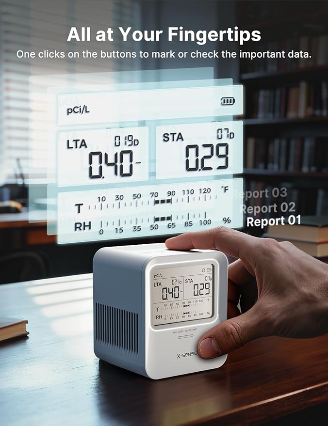 X-Sense Radon Detector, Audible & Visual Alerts, One-Touch Reset, Stores Up to 99 Local Reports, with Temperature & Humidity Range Display, Long-Term Accurate Monitoring Up to 999 Days, Model XR0B-SR