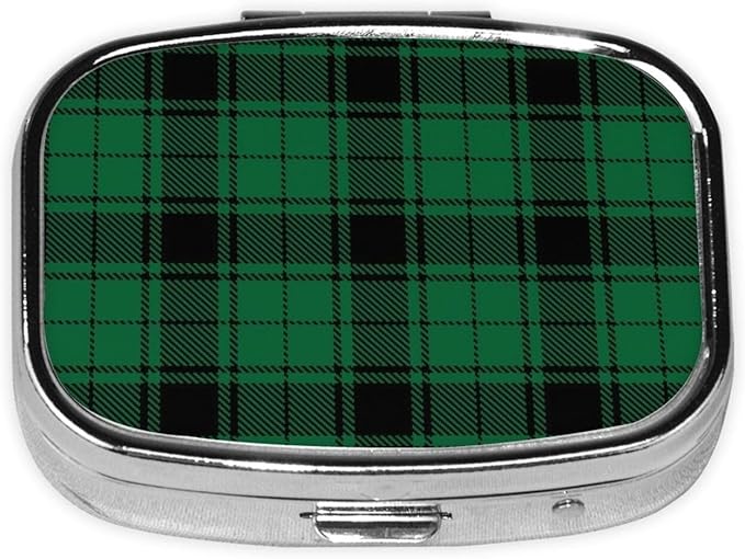 Pill Case Green Black Buffalo Check Plaid Pattern Pill Box with Mirror Retro Pocket 2 Compartment Medicine Case Vitamin Pill Organizer for Pocket Purse and Travel Gifts