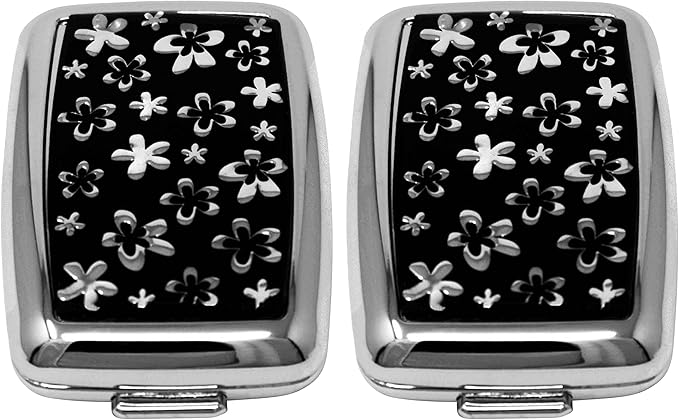 Set of 2 Dual-Compartment Rectangular Pocket Purse Pill Box & Organizer with Insert (Black Flowers)