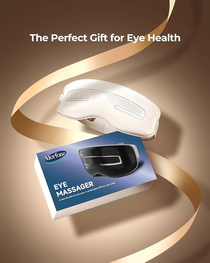 Eye Massager with Heat and Cooling, Integrated Smart Mask with Nose Rest and Soft Silicone Massage head, 4 Massage Modes for Migraines, Dry Eye, Dark Circles,Bluetooth Music, Gift for Women (White)
