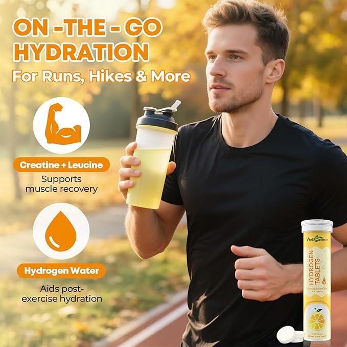 Hydrogen Tablets for Drinking Water: Molecular Hydrogen Tabs 12.4PPM with Magnesium NAC Creatine Supports Antioxidants Cellular Health Recovery Cognitive Function Vegan Organic Lemon Flavor