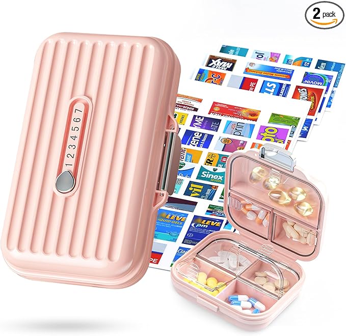 Travel Pill Organizer Box with Medicine Labels, 2Pack 7 Compartments Portable Pill Case, Daily Medication Organizer Storage Pill Container for Pocket Pharmacy(Pink S+L 2Pack)