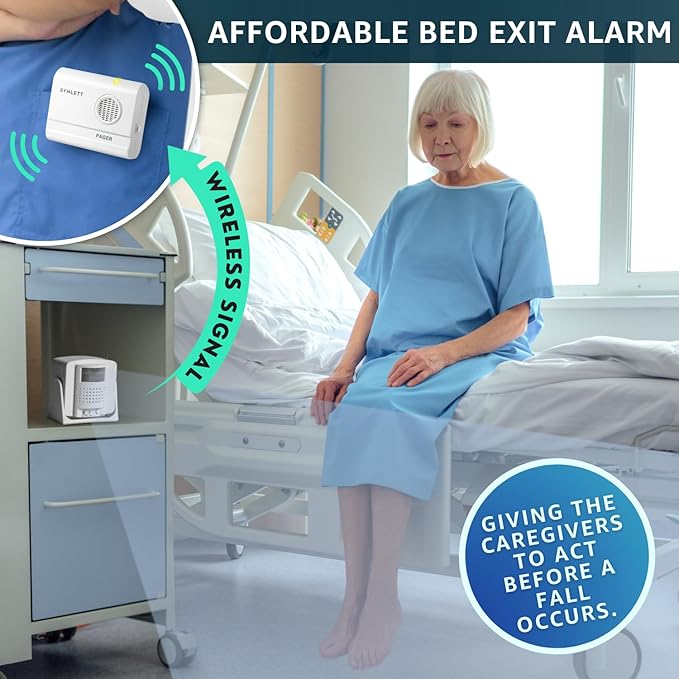 Bed Alarm Caregiver Pager with 2 Wireless Motion Sensors Alarm Indoor Fall Prevention for Elderly Monitoring Seniors Dementia Patients Seniors Home Door Chime