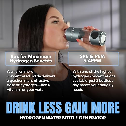 EVOLV Hydrogen Water Bottle Generator - SPE & PEM Water Ionizer 5PPM, Highest Concentrated Dose - 8oz Hydrogenated Water Bottle for Improved Energy & Inflammation Support - Convenient & Easy to Use