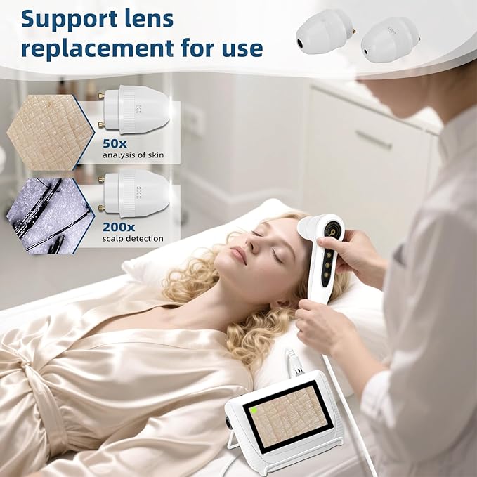 Skin Hair Analyze, Scalp Analysis Machine, 5 Inch LCD Screen Rechargeable Digital Scanner for Skin & Hair Analysis, 50x/200x DualHeads, Digital Scalp Health Detection Use for Home and Salon