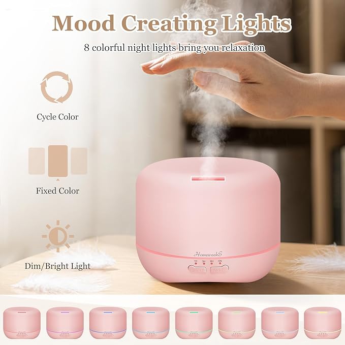 Aromatherapy Essential Oil Diffuser for Room: 500ml Colorful Aroma Air Humidifier with Adjustable Cool Mist Mode, Waterless Auto Off Ultrasonic Diffusers for Large Room Home Office(Pink)