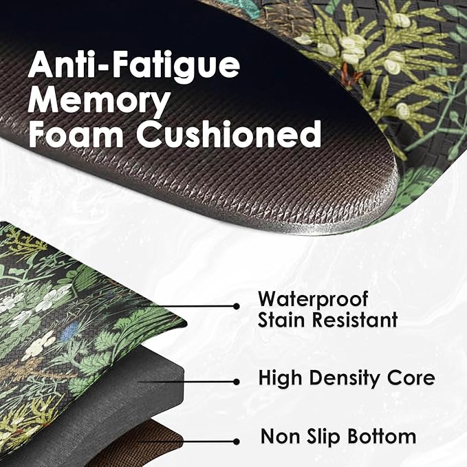 Arttown Kitchen Mats for Floor 2Pcs-Anti Fatigue Non Slip Mats for Kitchen Floor, Cushioned Waterproof & Stain-Resistant Plant Floral Mat Set, Laundry Room, Office, Sink, Desk (Green)